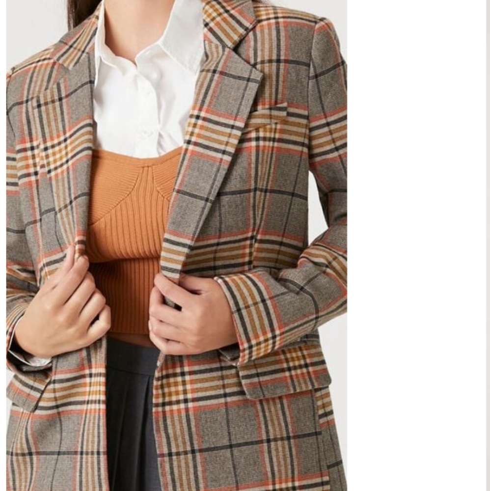 Forever 21 Plaid Brown, orange, mustard and black longline Double Breast Blazer